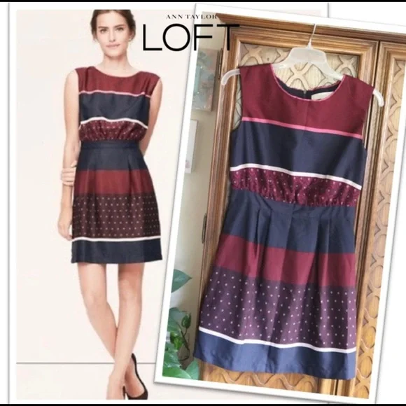 LOFT Sleeveless, Beautiful, A-Line Dress, Navy & Burgundy Design - Picture 2 of 6